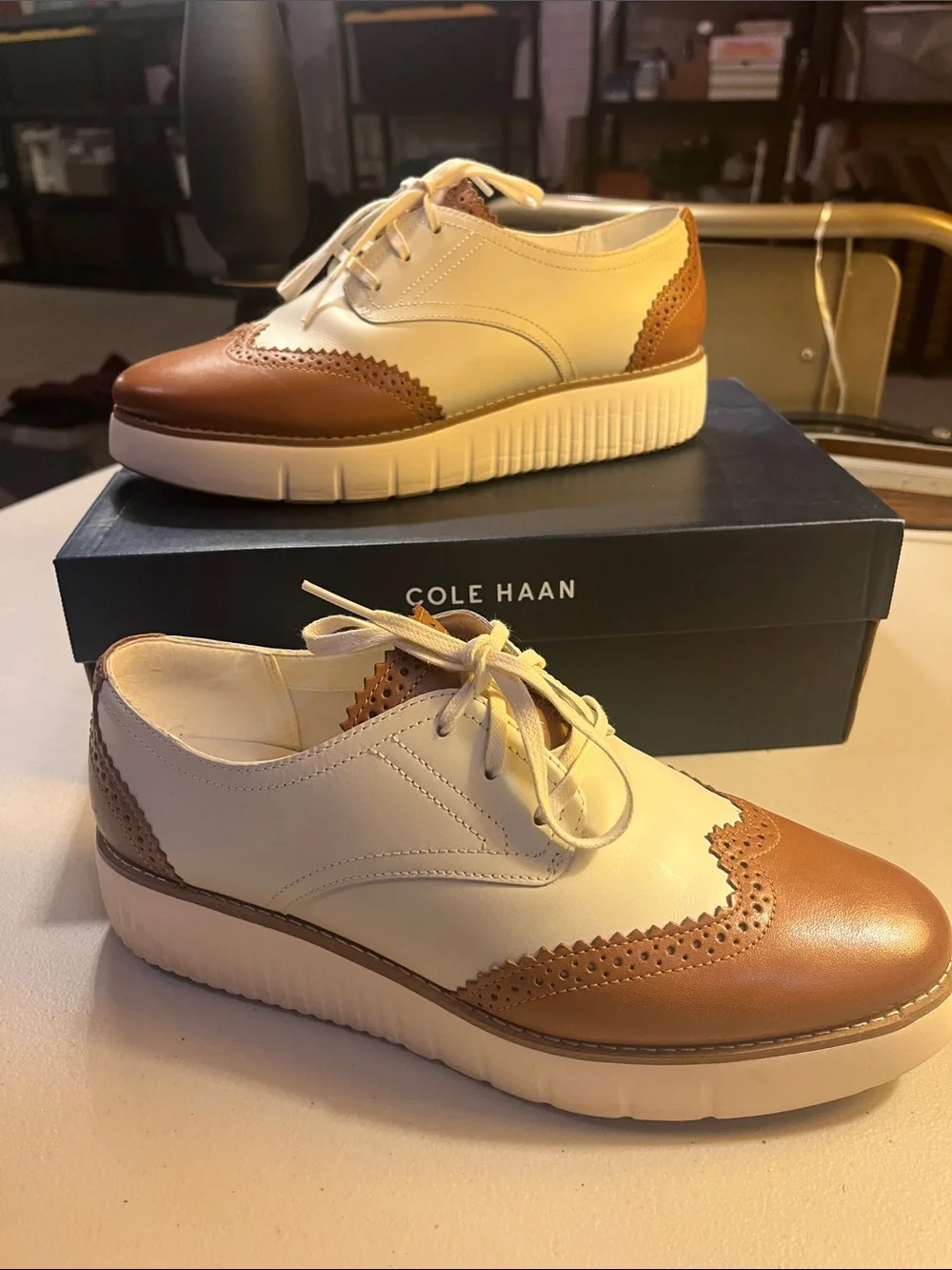 Cole Haan White and Brown Leather Wingtip Sneaker